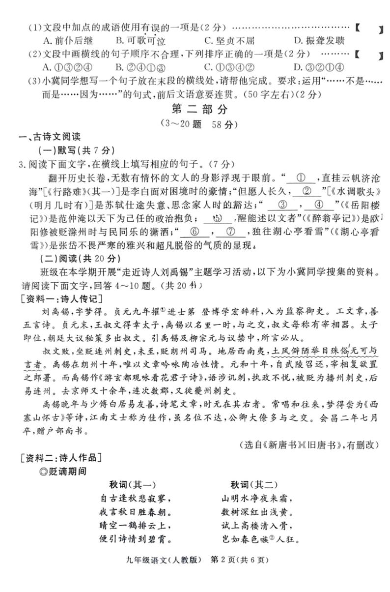 河北省廊坊市霸州市2024-2025学年九年级上学期11月期中语文试题02