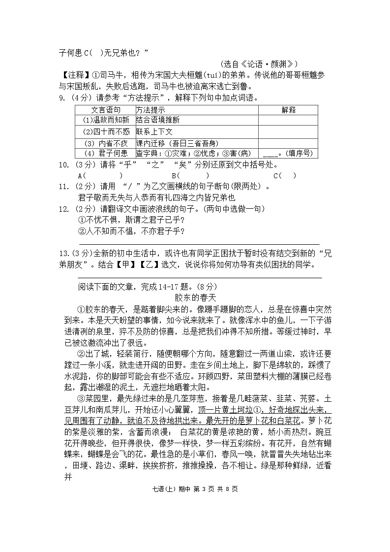 湖北省孝感市汉川市2024-2025学年七年级上学期期中考试语文试题第3页