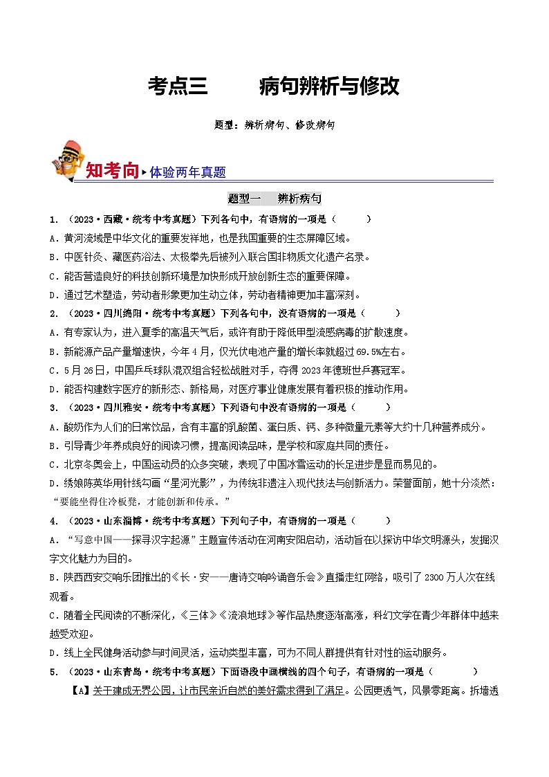 中考语文一轮复习考点过关练习考点3 病句的辨析与修改（好题冲关）（原卷版）第1页