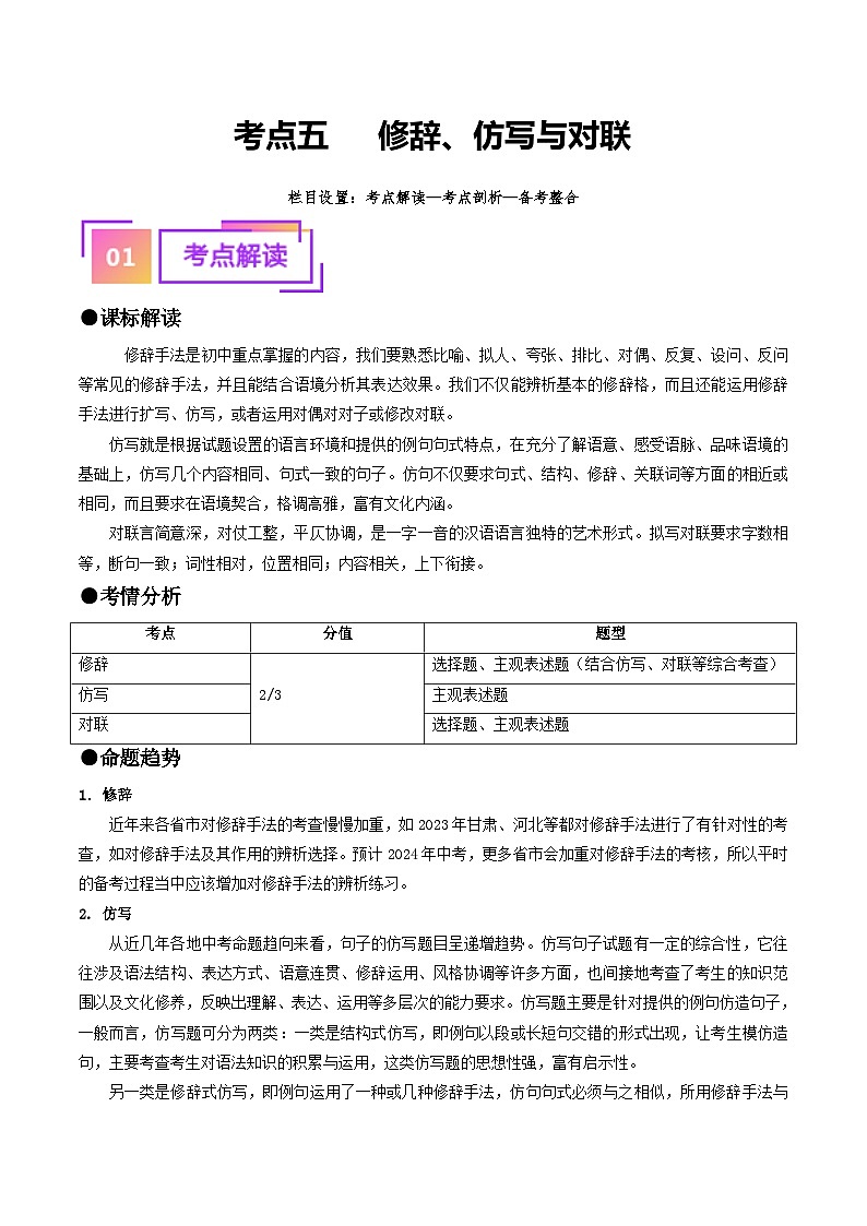 中考语文一轮复习考点过关练习考点5 修辞、仿写与对联（重难讲义）（原卷版）第1页