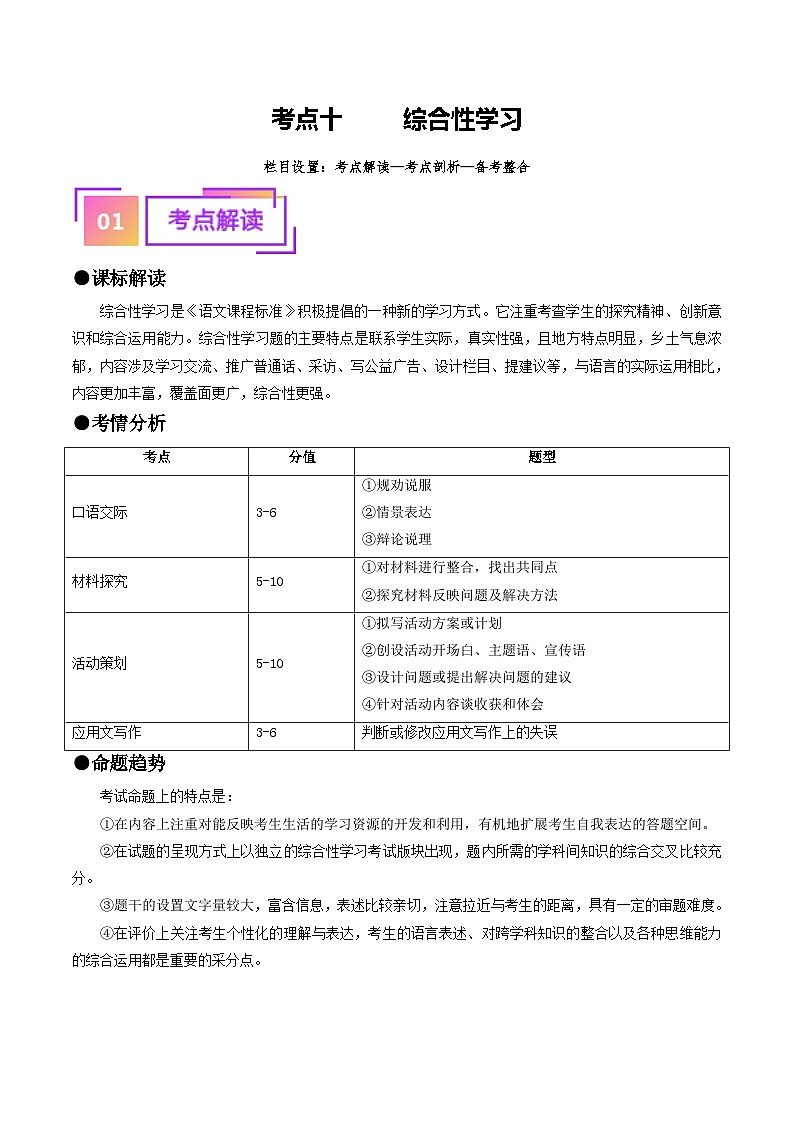 中考语文一轮复习考点过关练习考点10 综合性学习（重难讲义）（原卷版）第1页