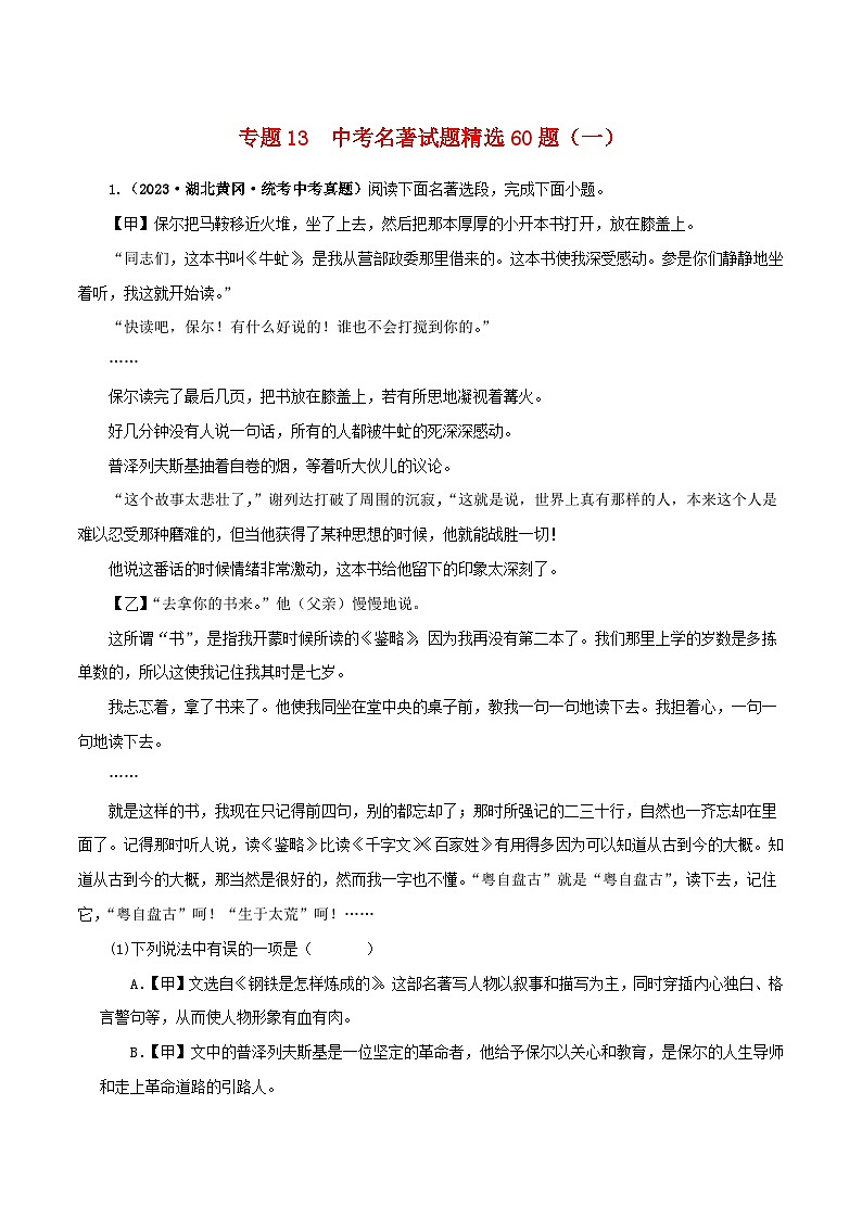 2025年中考语文二轮复习名著阅读真题演练专题13 中考名著试题精选60题（一）（解析版）第1页