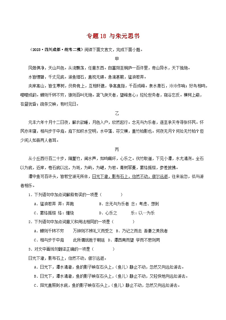 2025年中考语文二轮复习文言文对比阅读专题18 与朱元思书（解析版）第1页