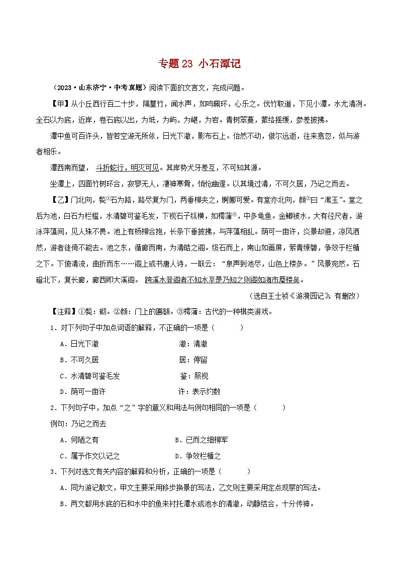 2025年中考语文二轮复习文言文对比阅读专题23 小石潭记（原卷版）第1页