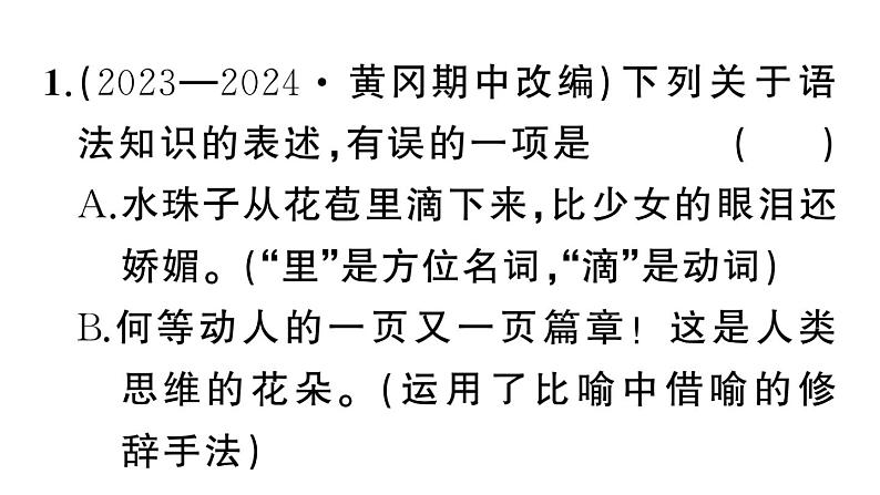 初中语文新人教部编版七年级上册期末专题复习三《 语法、语病》作业课件（2024秋）第2页