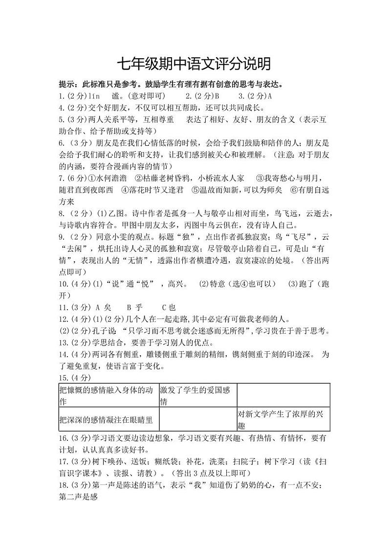 2024-2025上七年级语文期中考试评分说明第1页
