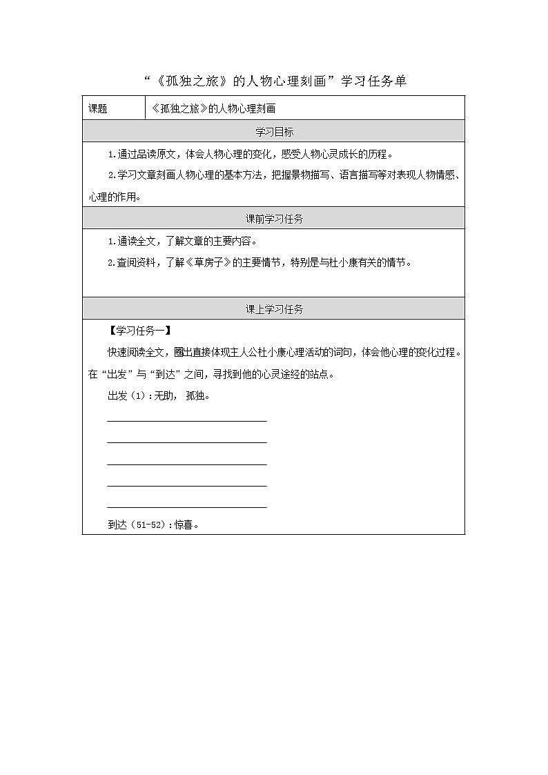 部编版语文九年级上册 17 《孤独之旅》的人物心理刻画 学习任务单第1页