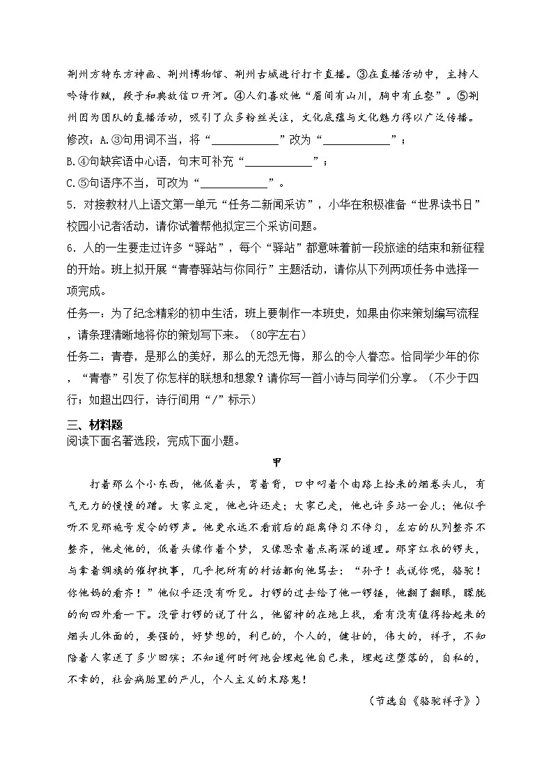 湖北省黄冈市部分学校2024-2025学年八年级上学期10月月考语文试卷(含答案)02