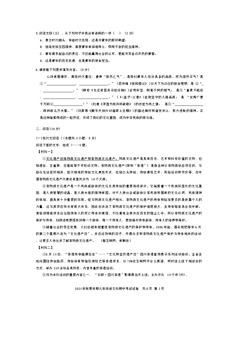 广西防城港市防城区大菉中学2024—2025学年九年级上学期期中考试语文试卷第2页