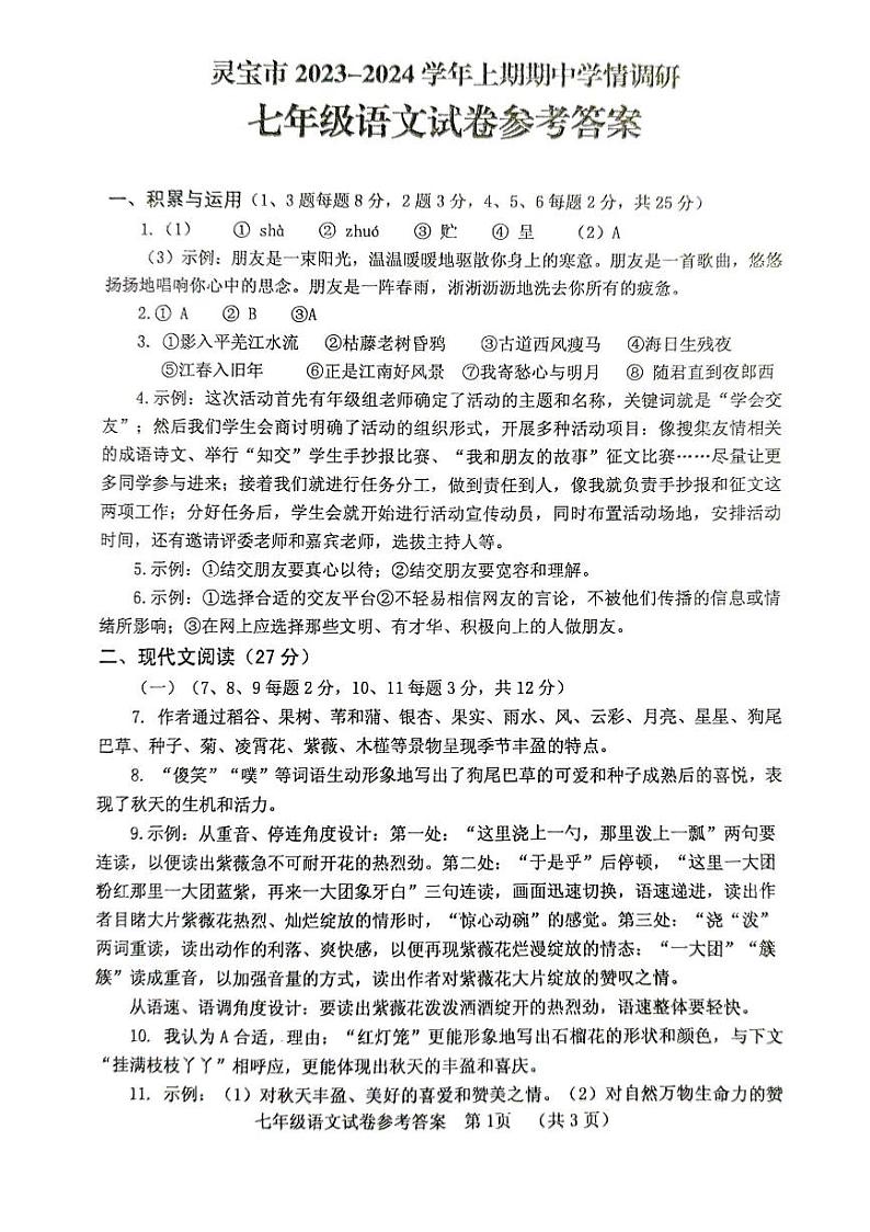 河南省三门峡市灵宝市2024-2025学年七年级上学期11月期中语文试题01
