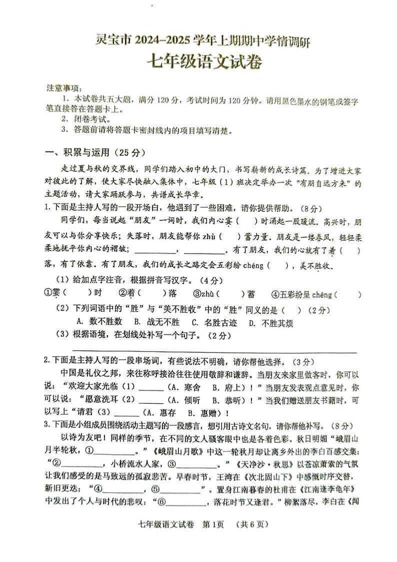 河南省三门峡市灵宝市2024-2025学年七年级上学期11月期中语文试题01