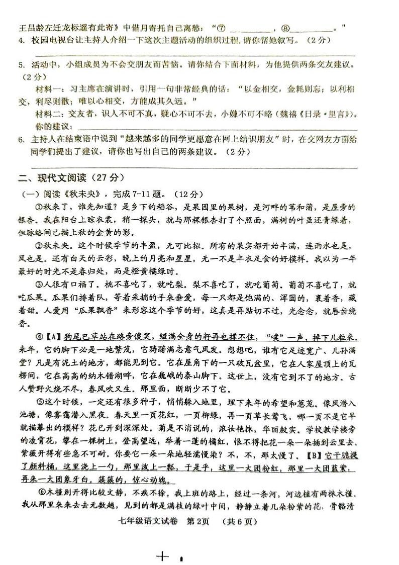 河南省三门峡市灵宝市2024-2025学年七年级上学期11月期中语文试题02