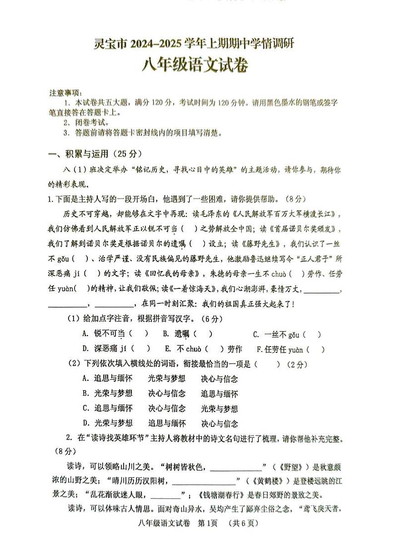 河南省三门峡市灵宝市2024-2025学年八年级上学期11月期中语文试题01