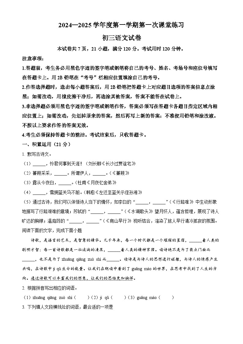 精品解析：广东省茂名市博雅中学2024-2025学年九年级上学期第一次月考语文试题01
