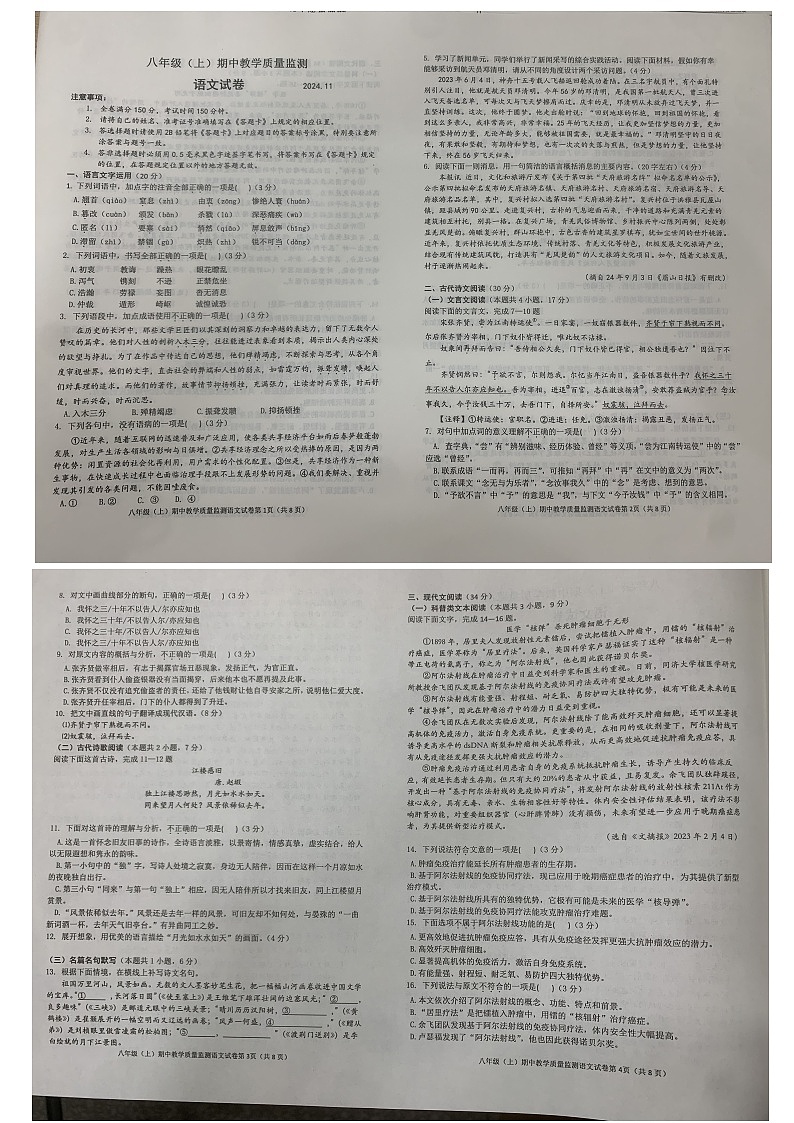 2024-2025学年八年级上学期期中考试语文试题第1页