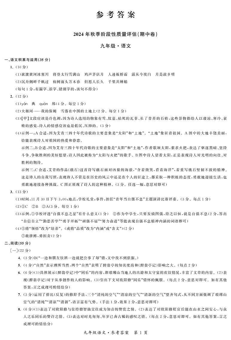九年级语文答案第1页