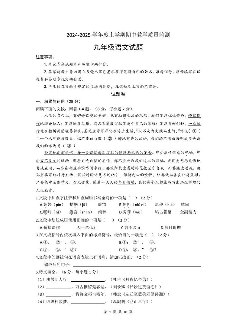 山东省临沂市沂南县2024～2025学年九年级上学期期中考试语文试题（含答案）第1页