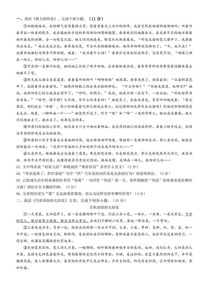 四川省内江市威远中学校2024～2025学年七年级上学期期中考试语文试题（含答案）第3页