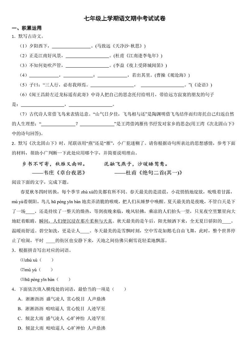 广东省韶关市2024年七年级上学期语文期中试卷3套【附参考答案】第1页