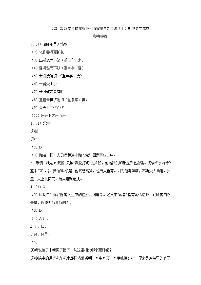 福建省泉州市安溪县2024-2025学年九年级上学期期中语文试卷01