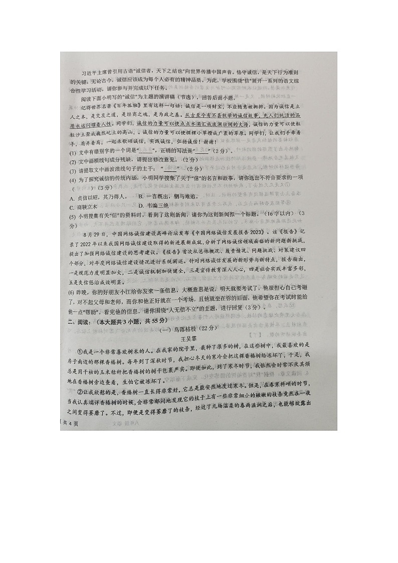 安徽省安庆市桐城市第二中学2024-2025学年八年级上学期期中考试语文试题第2页