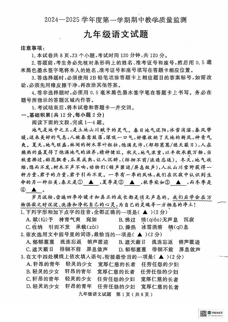 山东省济宁市梁山县2024--2025学年九年级上学期期中教学质量监测语文试题01