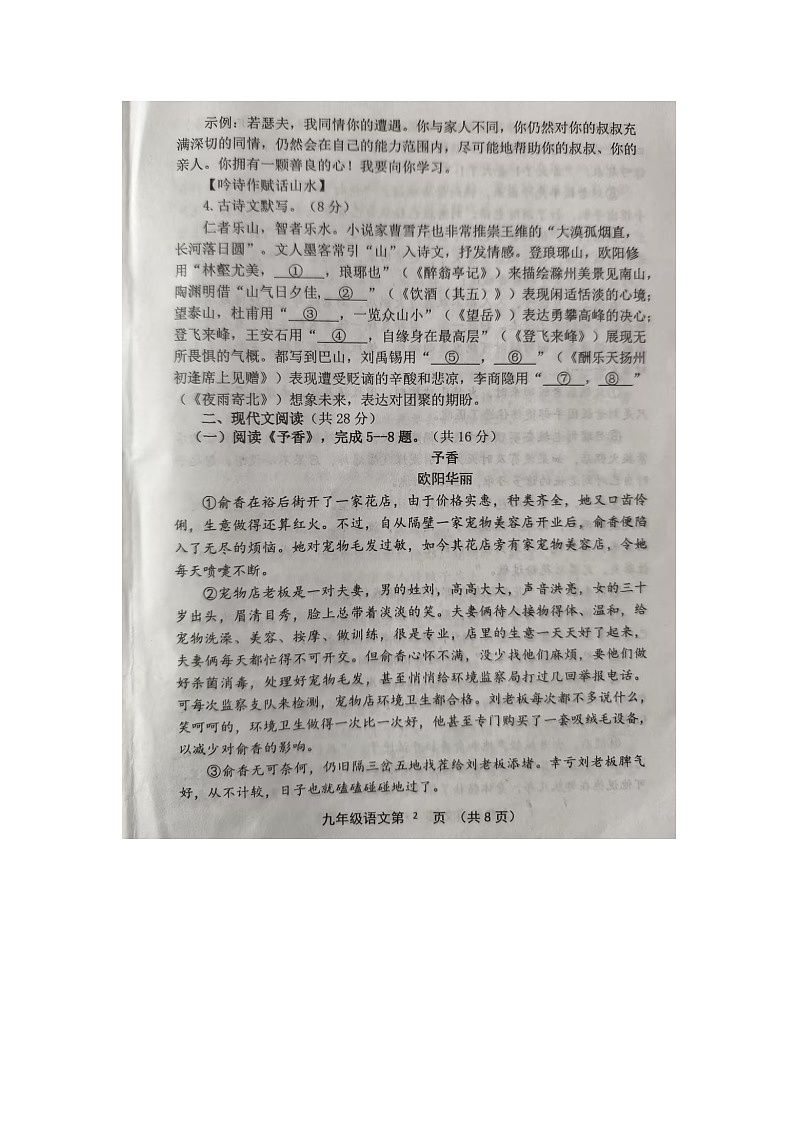 洛宁县2024-2025学年11月份期中学情调研九年级语文第2页