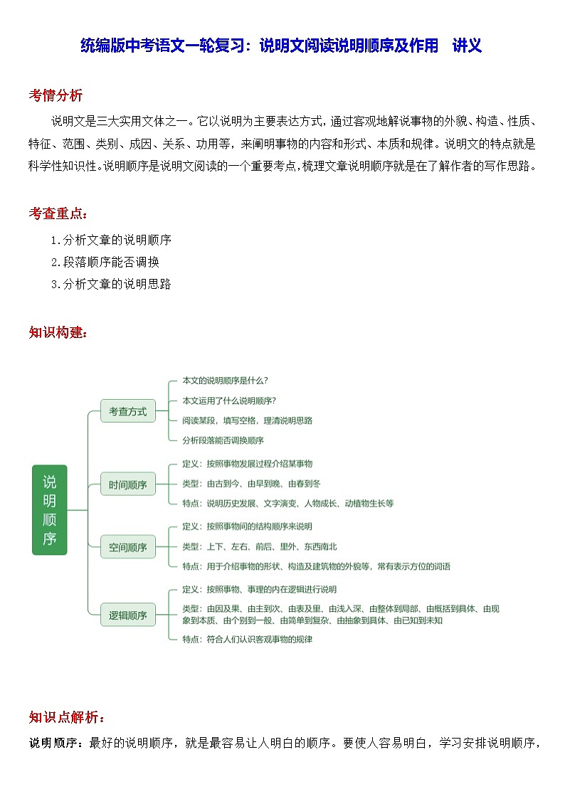 统编版中考语文一轮复习：说明文阅读说明顺序及作用 讲义（含练习题及答案）第1页