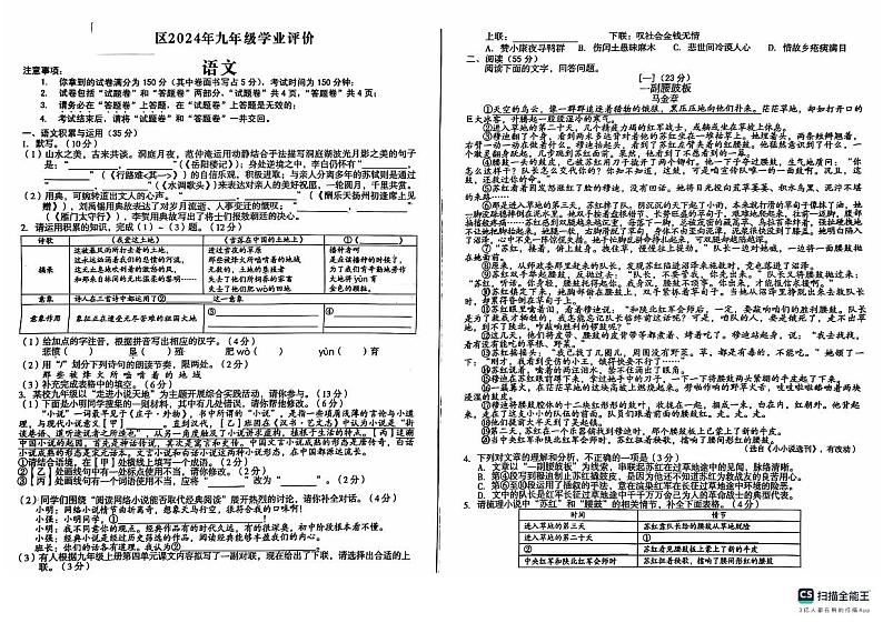 安徽省六安市实验中学2024—2025学年九年级上学期期中考试语文试题第1页