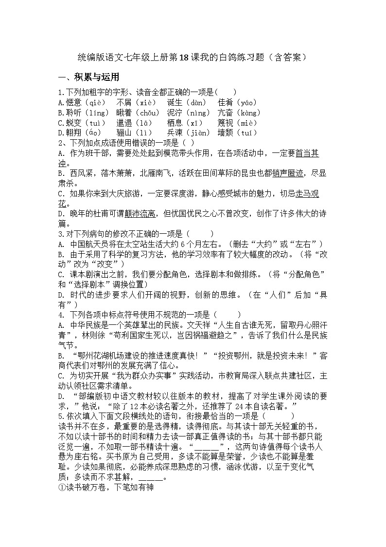 统编版语文七年级上册第18课我的白鸽练习题（含答案）01