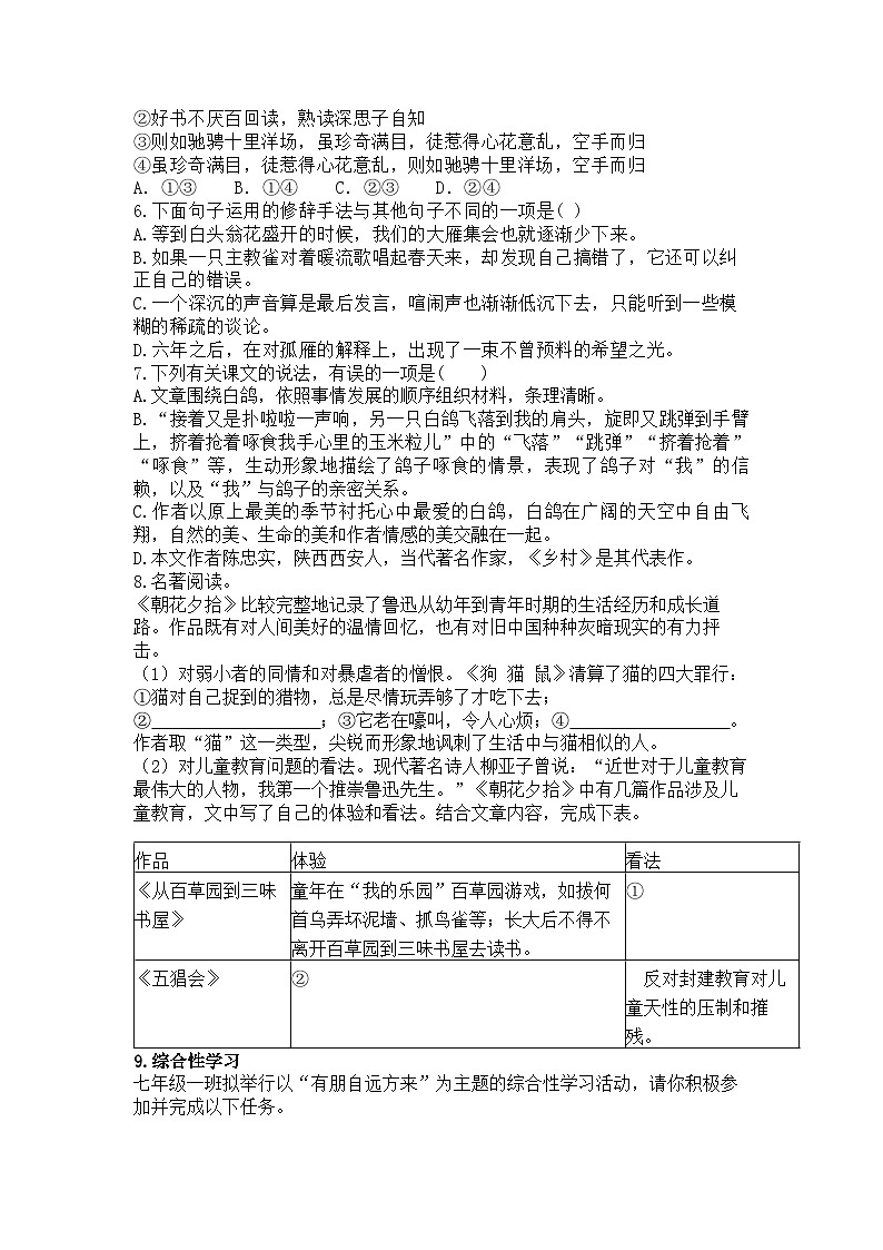 统编版语文七年级上册第18课我的白鸽练习题（含答案）02