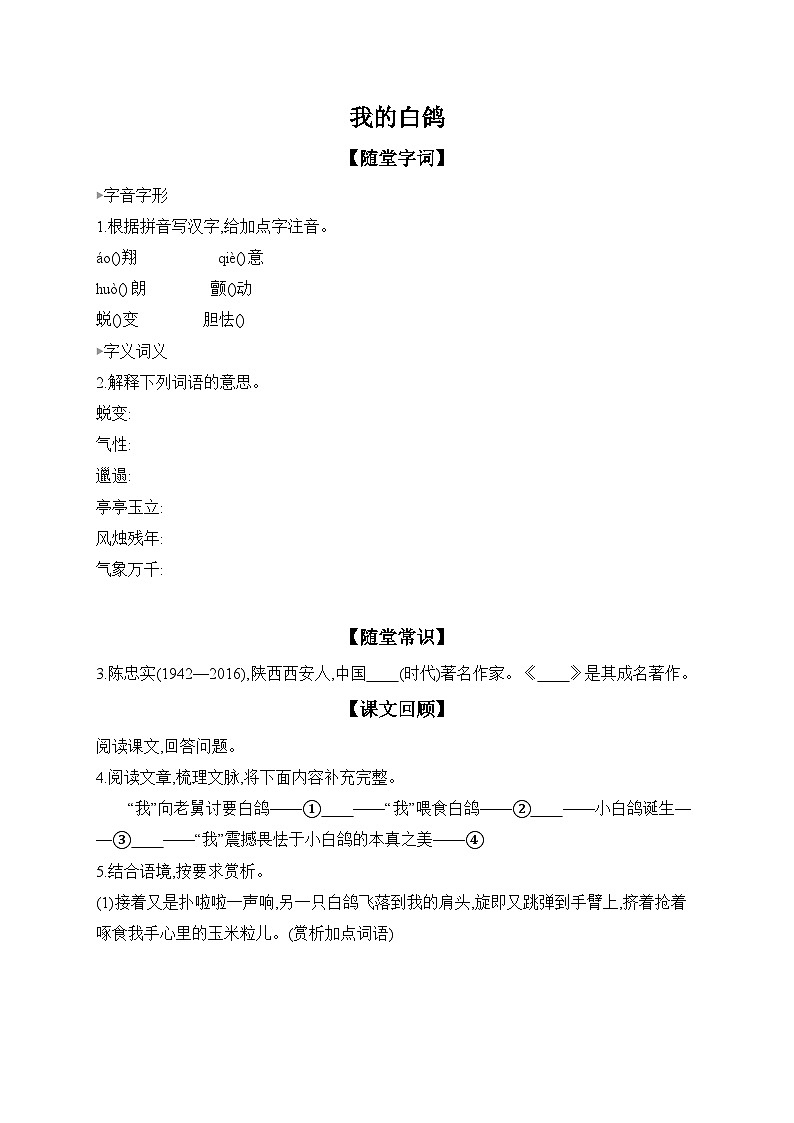 18 我的白鸽  同步练（含答案） 语文统编版七年级上册第1页