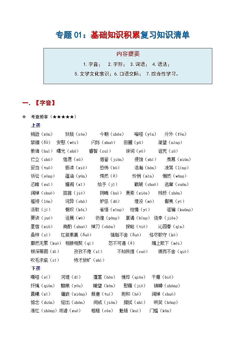 专题01 基础知识积累（知识清单）-2024-2025学年九年级语文上学期期末考点大串讲（统编版·五四学制）01