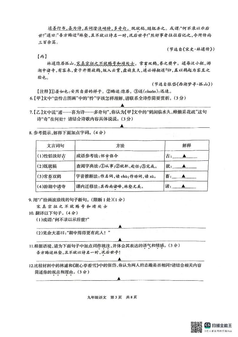 江苏省泰州市靖江市2024-2025学年九年级上学期11月期中语文试题第3页