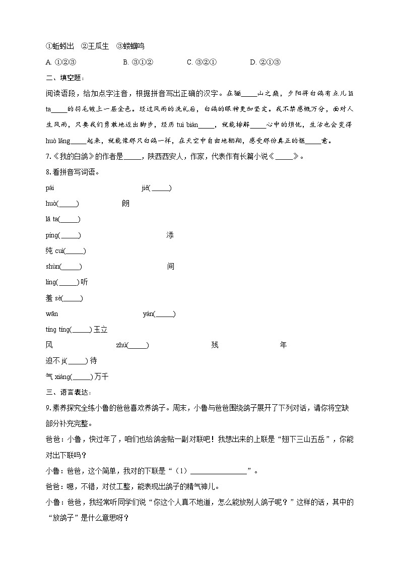 部编版语文七年级上册 18  我的白鸽 同步分层作业（含答案解析）02