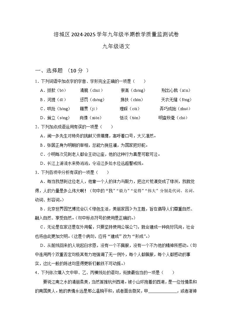 四川省绵阳市涪城区2024-2025学年九年级上学期11月期中考试语文试题01