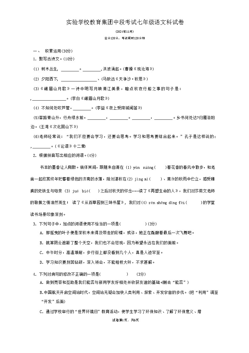 广东省梅州市兴宁市实验学校教育集团(五校联考)2024-2025学年七年级上学期11月期中语文试题第1页