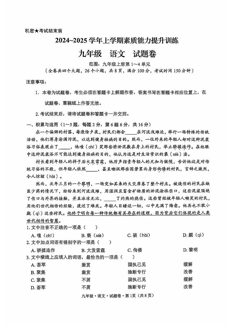 云南省昭通市绥江县2024-2025学年九年级上学期11月期中语文试题01