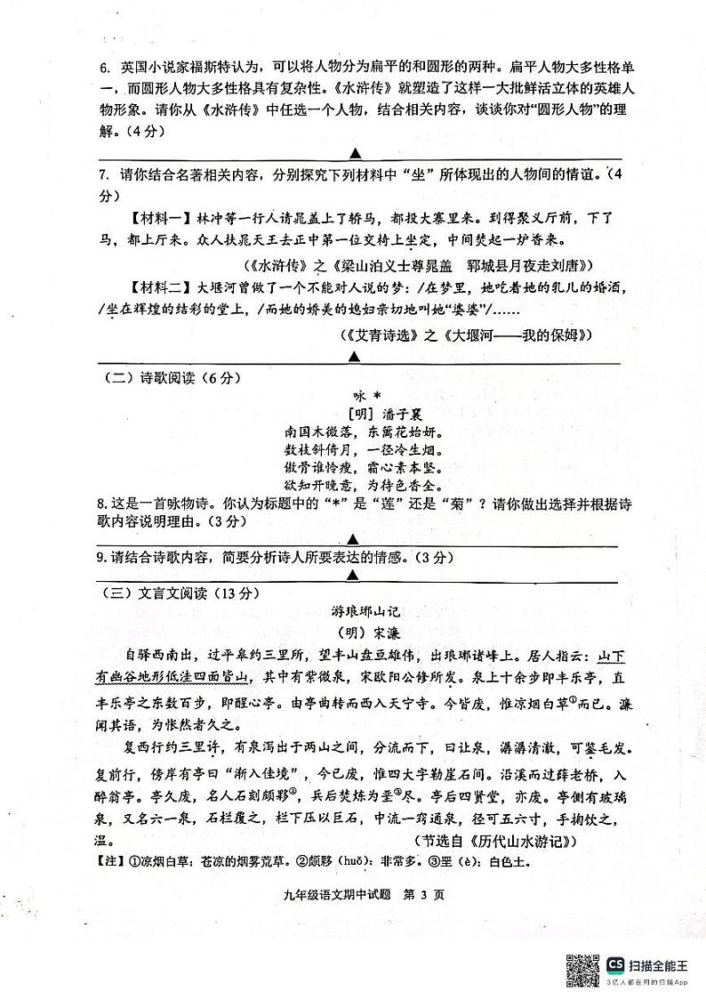 江苏省宝应县2024-2025学年九年级上学期期中考试语文试题第3页