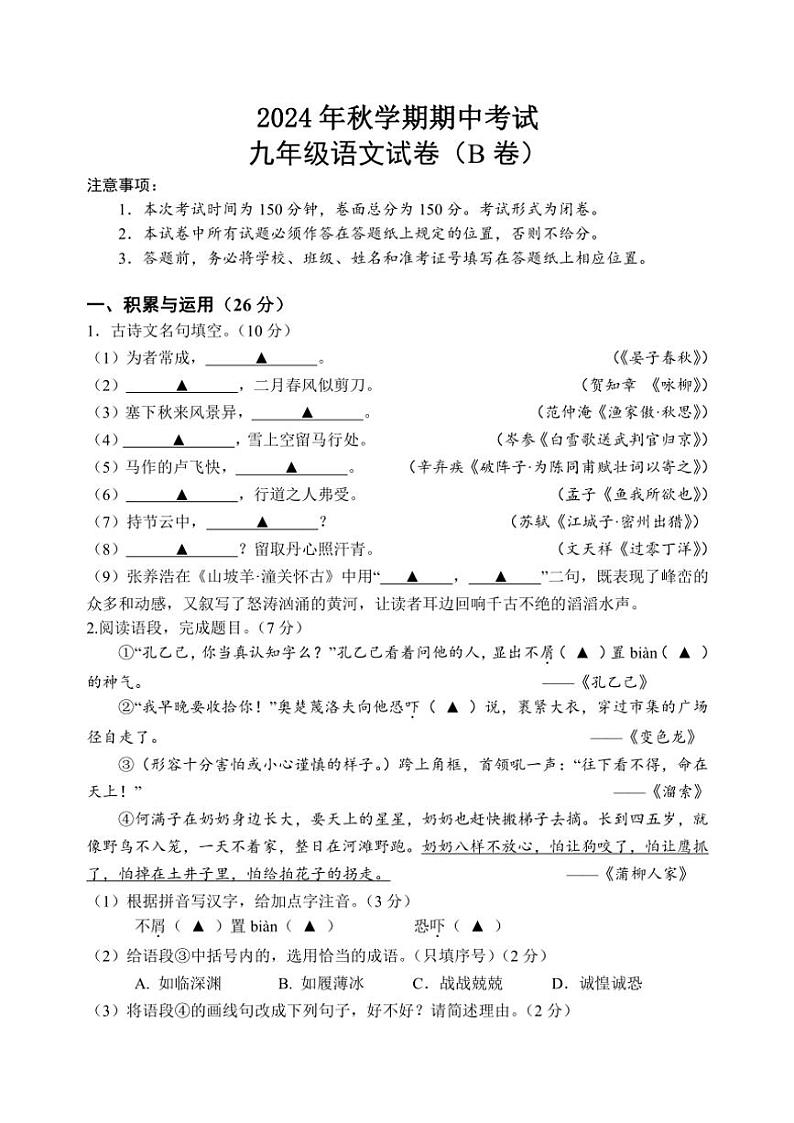 江苏省盐城市射阳县实验初级中学2024～2025学年九年级(上)期中语文试卷B卷(含答案)第1页