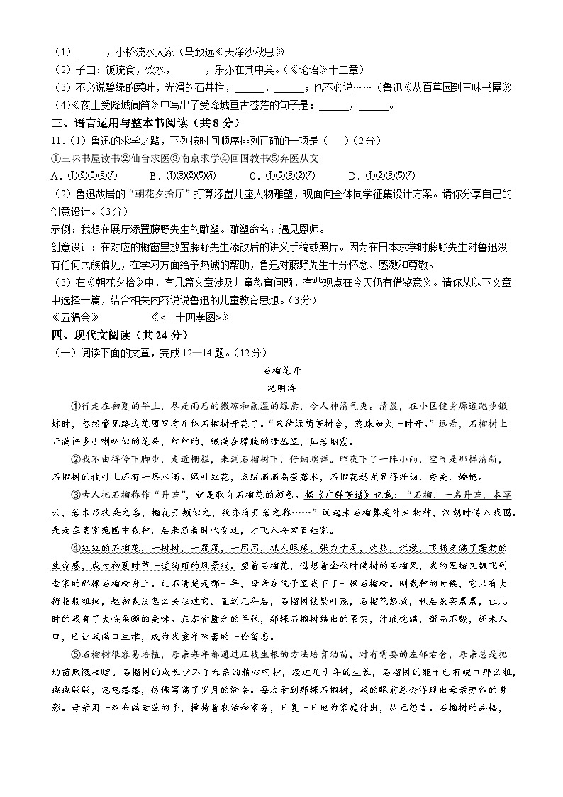 山东省济宁市第十五中学2024-2025学年（五四学制）七年级上学期期中语文试题03