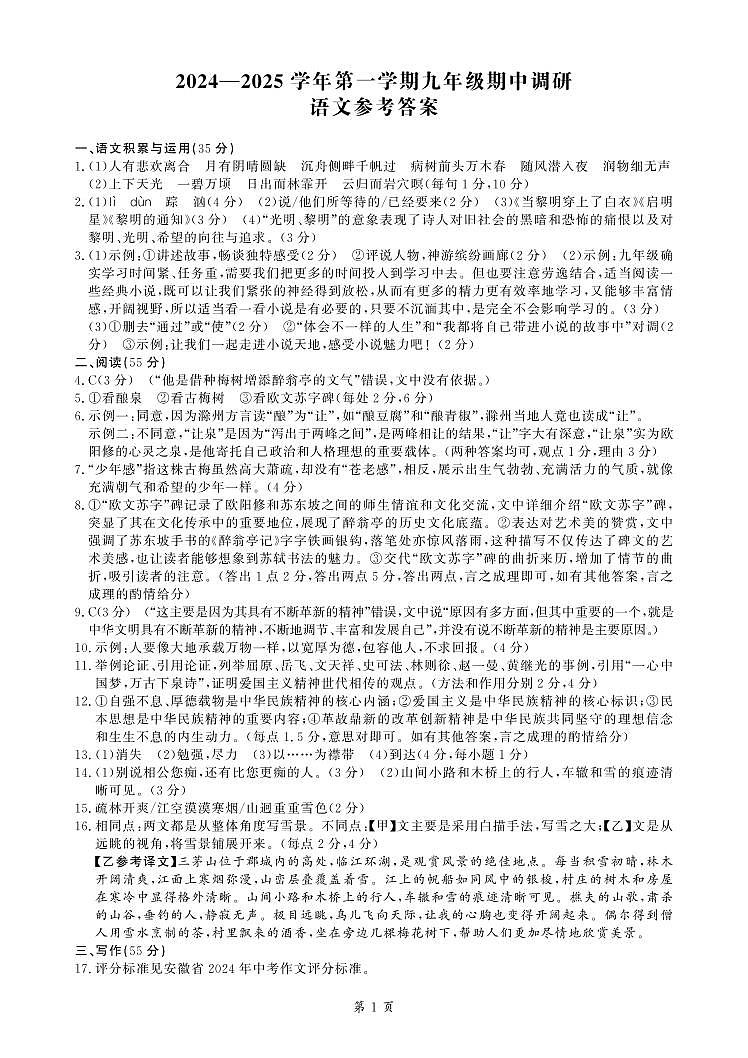 九年级语文答案第1页