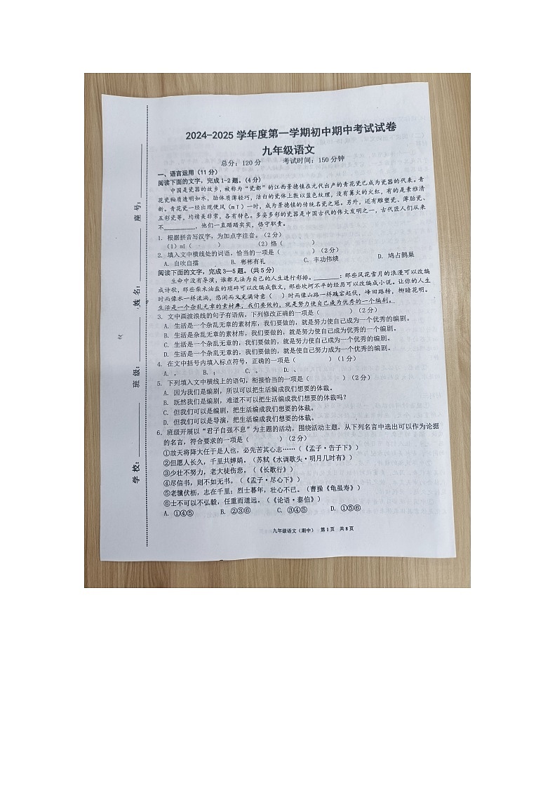 江西省赣州市龙南市2024-2025学年九年级上学期11月期中语文试题第1页