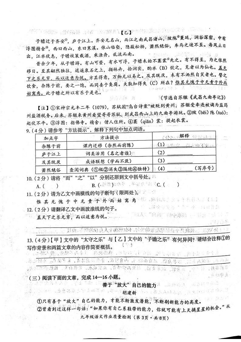 湖北省随州市曾都区实验中学教联体联考2024-2025学年九年级上学期11月期中语文试题第3页