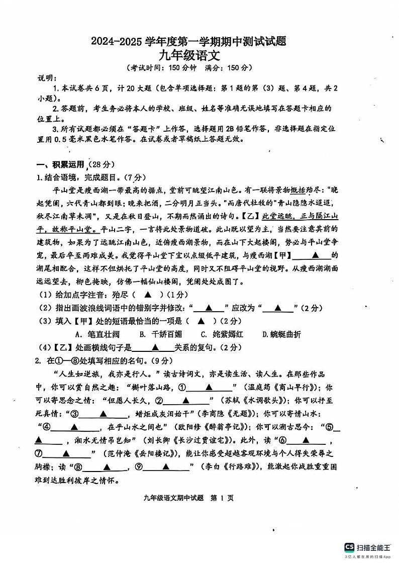 江苏省扬州市宝应县2024-2025学年九年级上学期11月期中语文试题01