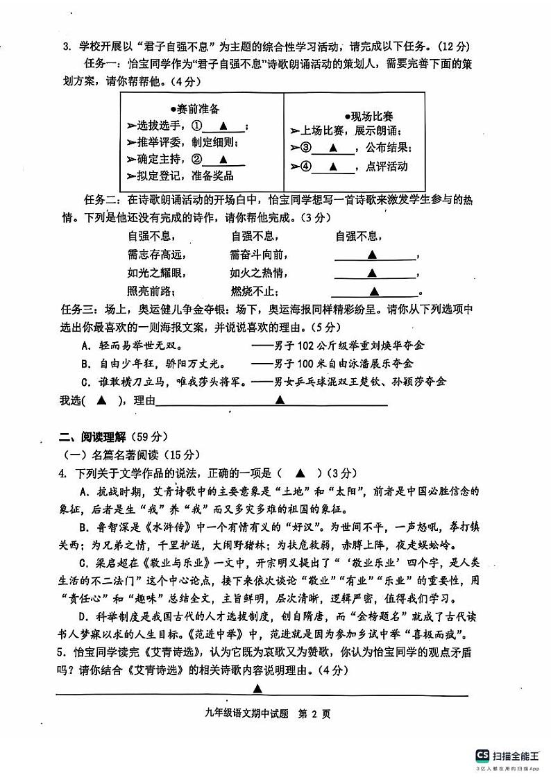 江苏省扬州市宝应县2024-2025学年九年级上学期11月期中语文试题02