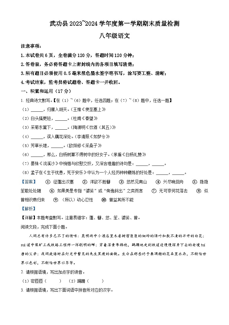 陕西省咸阳市武功县2023-2024学年八年级上学期期末语文试题（解析版）01