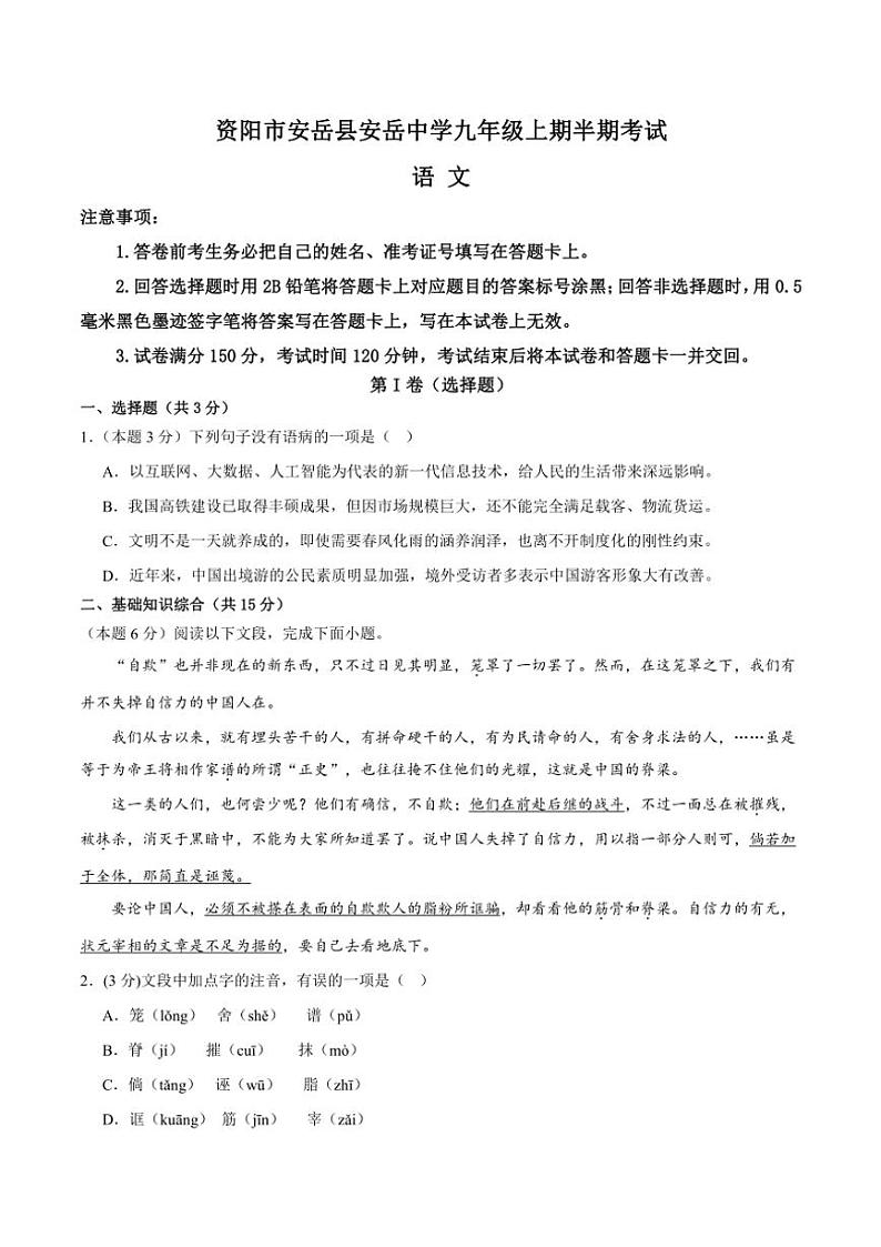2024～2025学年四川省安岳中学九年级(上)期中语文试卷(含答案)01