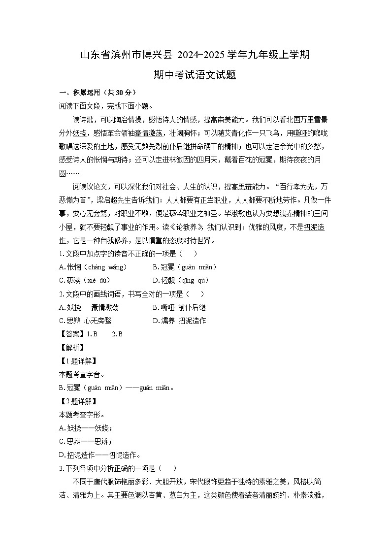 2024-2025学年山东省滨州市博兴县九年级(上)期中语文试卷(解析版)第1页