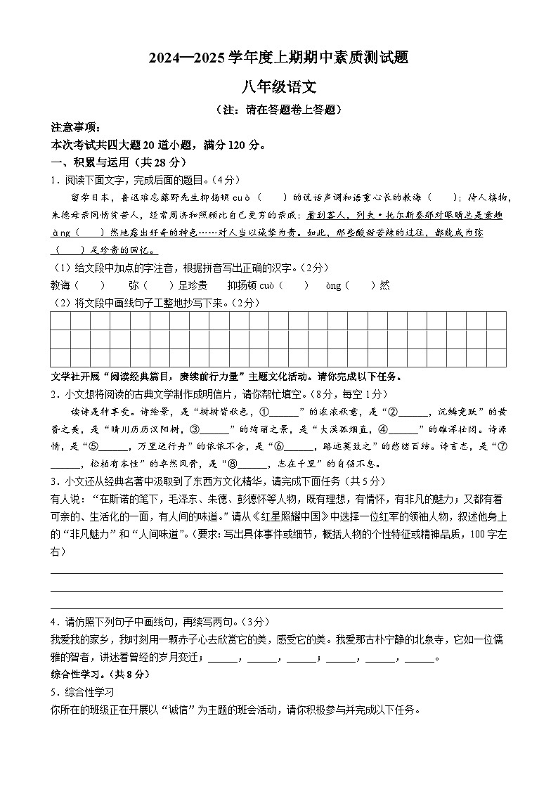 河南省驻马店市确山县2024-2025学年八年级上学期期中语文试题第1页